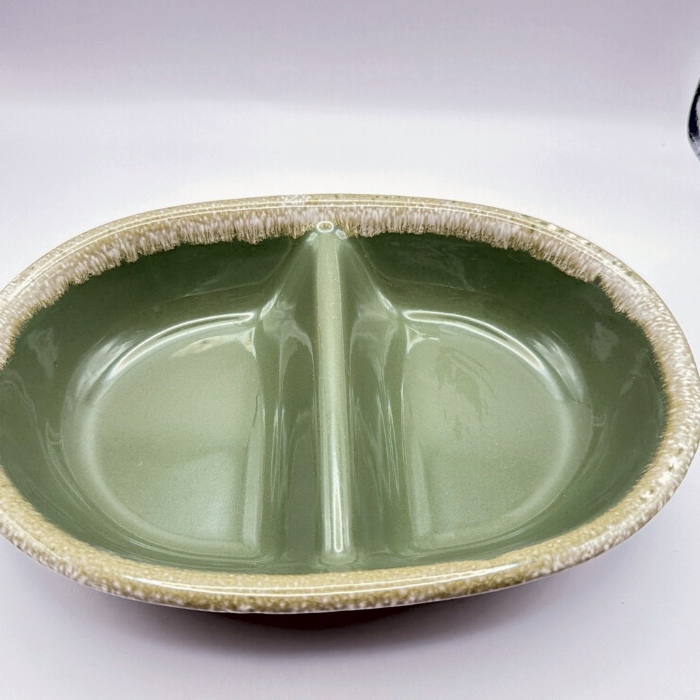 Vtg Avocado Green Hull Pottery Divided Baking Serving Dish Drip Glaze Oval Oven